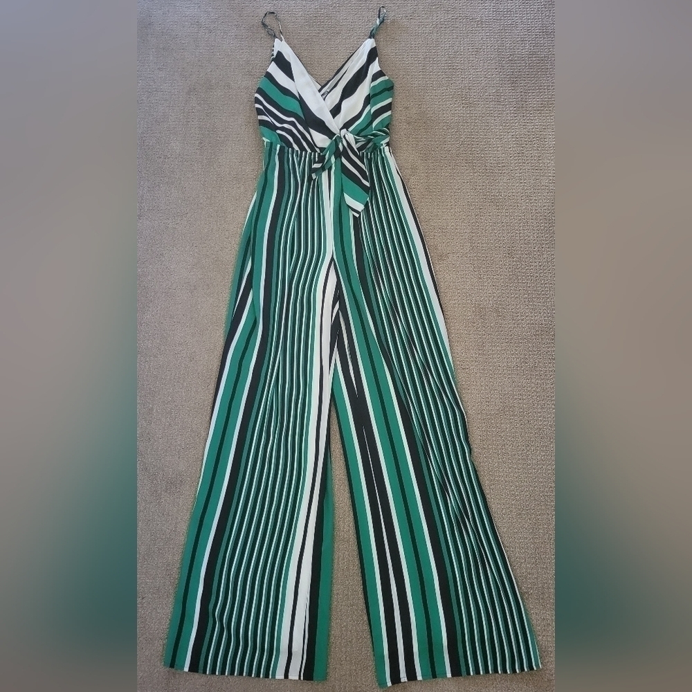 Express Sleeveless V Neck Multi Color Vertical Stripe Bow Tie Boho Jumpsuit - Picture 4 of 11